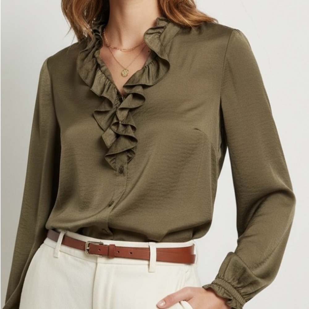 Cabi Icon Blouse #4167 – Ruffled Button Down in Warm Olive - Size S